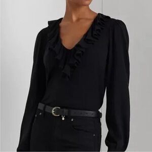 LAUREN RALPH LAUREN NWT Long Sleeve Ruffle V-Neck Top, Black, Size Small